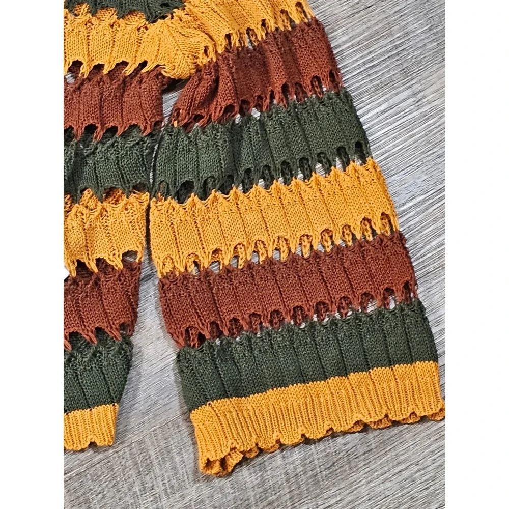 Boho Striped Open Knit Cropped Cardigan Sweater Tie Front Earth Tones Medium